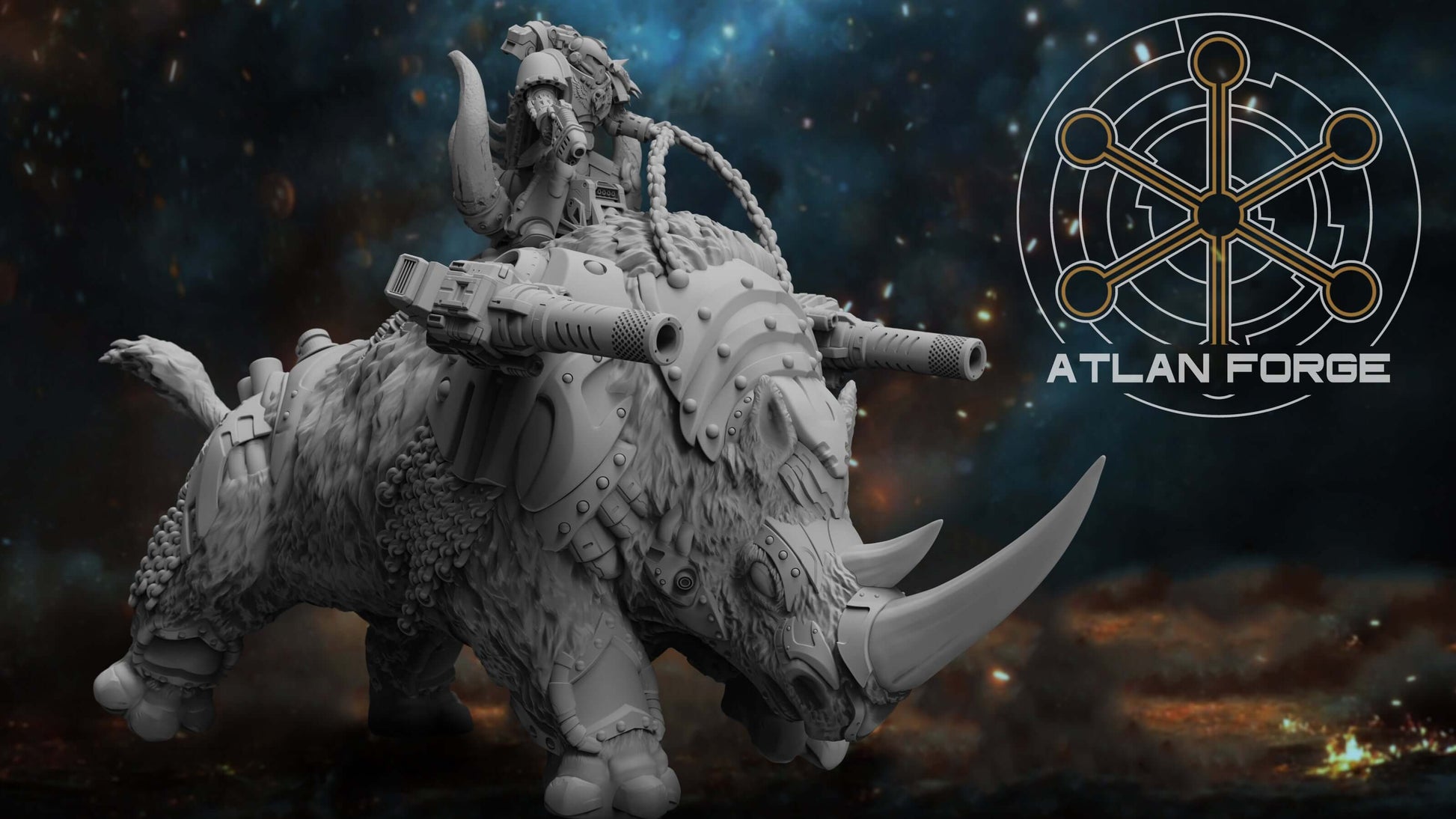Cybernetic Woolly Rhino miniature for sci-fi wargaming, featuring detailed design and weapon options, perfect for tabletop battles.