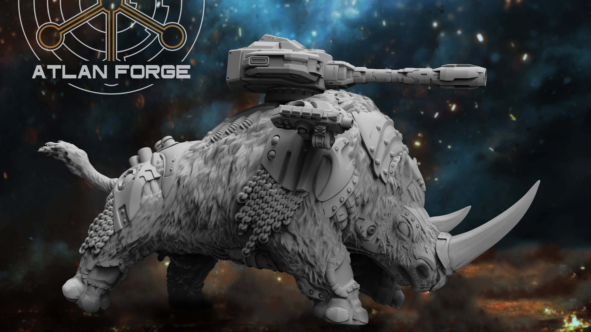 Cybernetic Wooly Rhino miniature for sci-fi wargaming with detailed weaponry, made of durable grey resin.