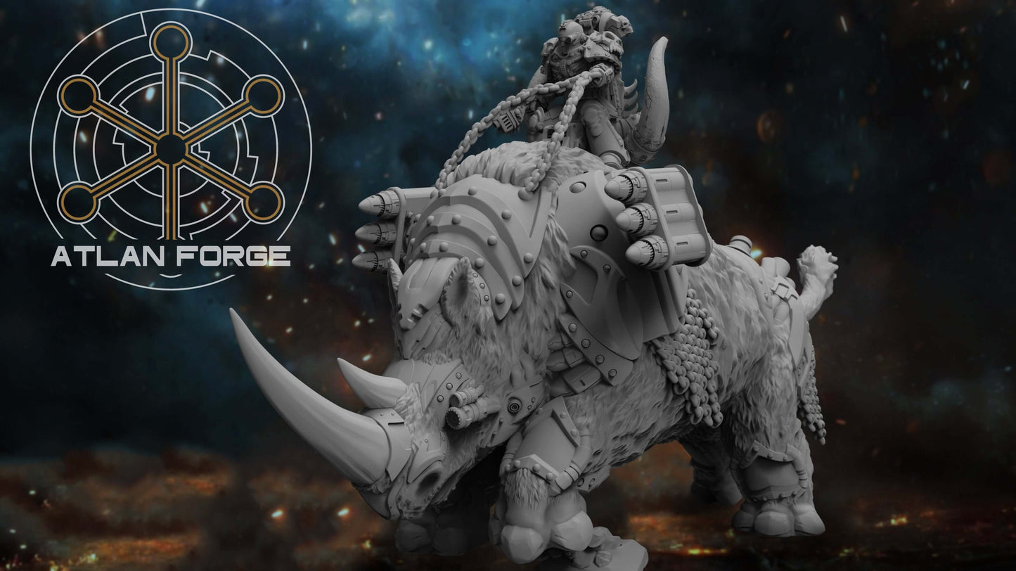 Cybernetic Woolly Rhino miniature for sci-fi wargaming, featuring intricate details and weapon options.