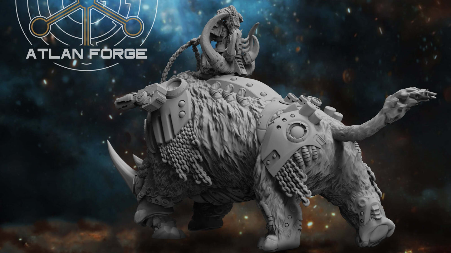 Cybernetic Woolly Rhino miniature for sci-fi tabletop games, crafted from durable grey ABS-like resin.