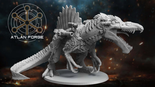 Cybernetic Spinosaurus miniature for sci-fi tabletop wargaming, detailed resin model with weapon options.