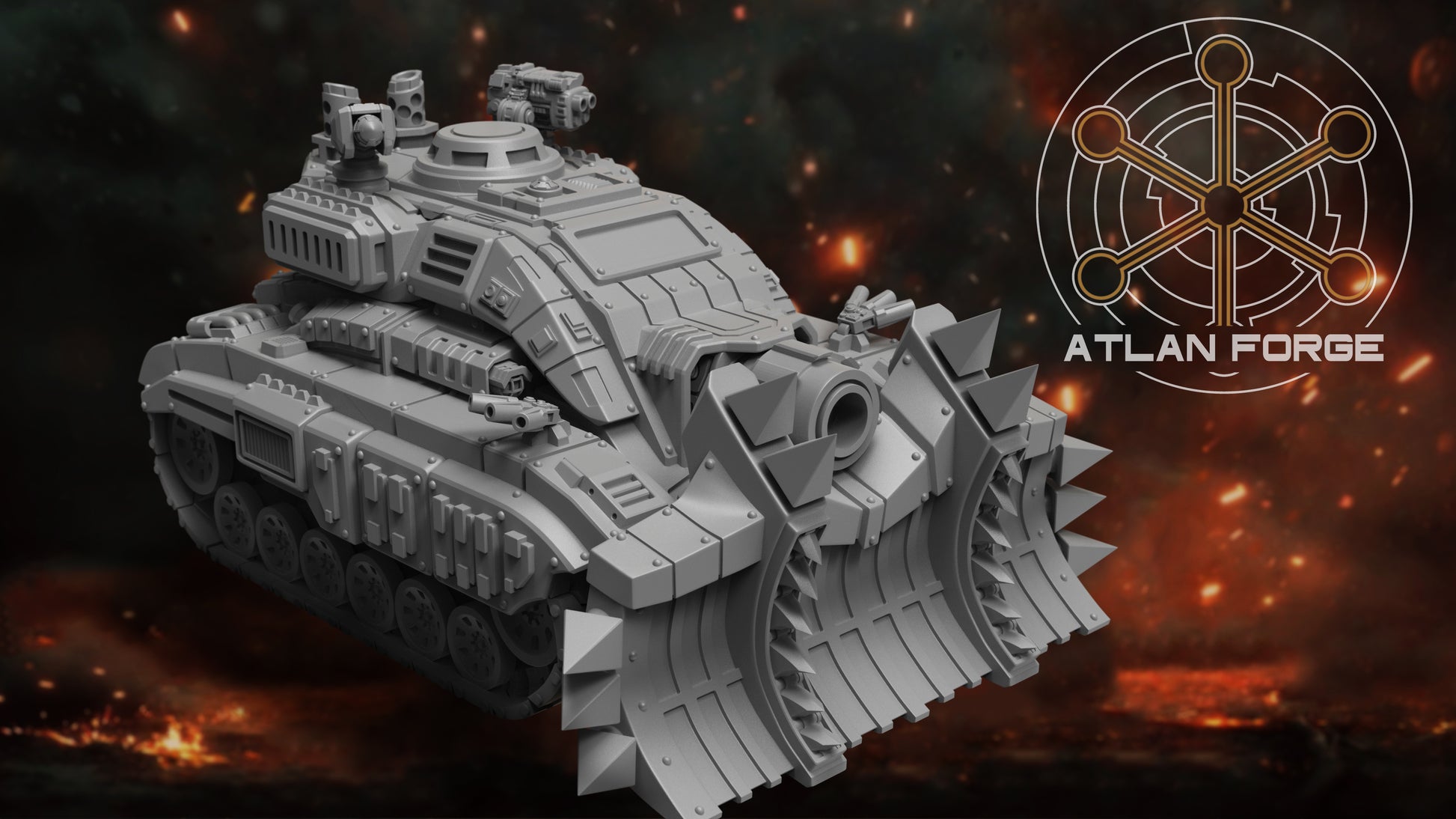 Glyptodon Heavy Assault Vehicle miniature by Atlan Forge featuring armored hull and reinforced dozer blade.