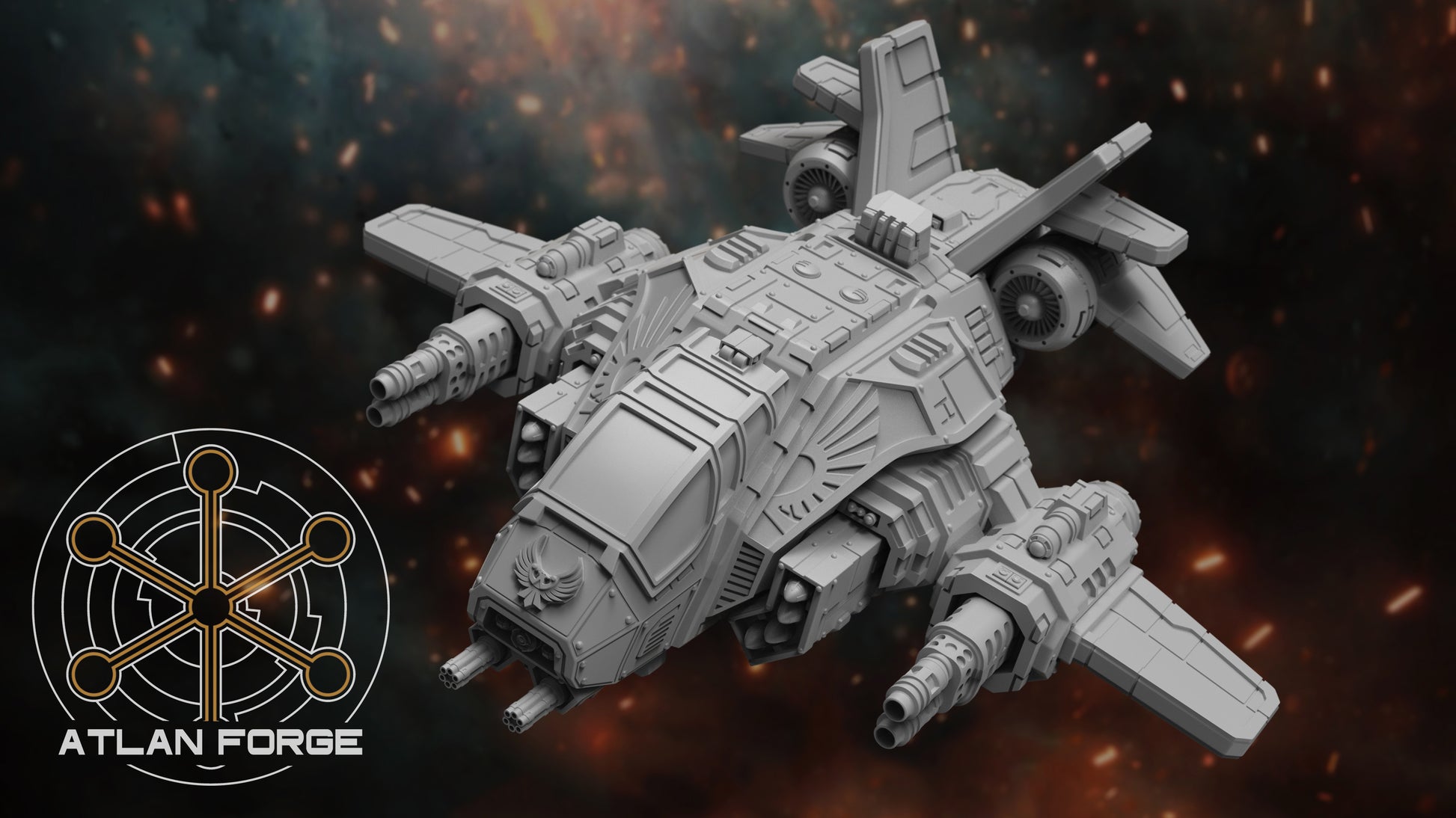Starfalcon Sci-Fi Gunship miniature with heavy cannons and missile pods