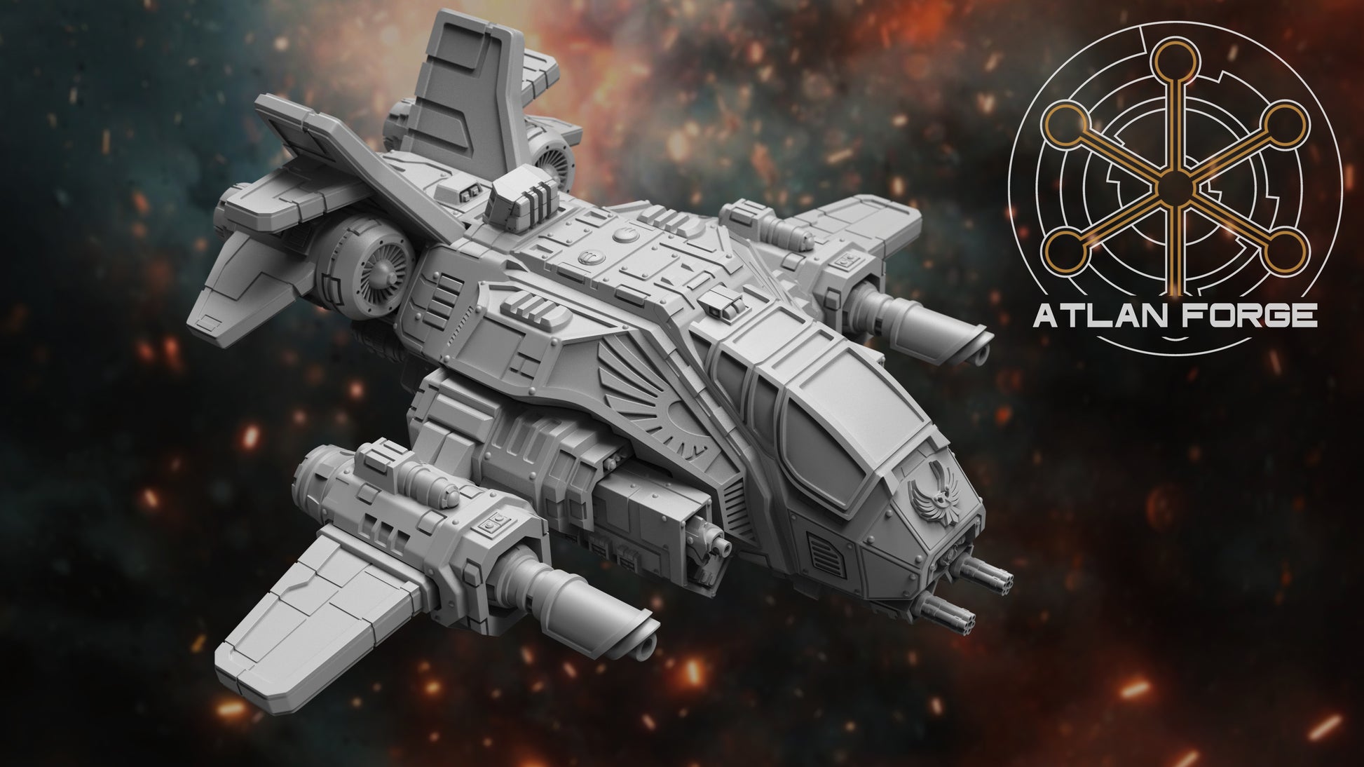 Starfalcon Sci-Fi Gunship miniature with heavy cannons and missile pods
