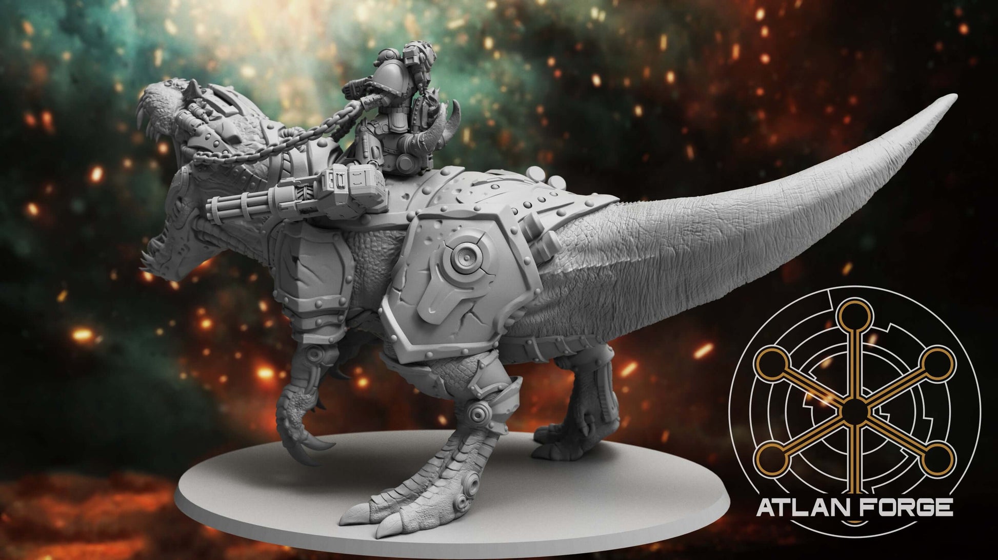Cybernetic Allosaur armoured dinosaur mount resin miniature with rider, modular weapons and magnet-ready weapon hardpoints