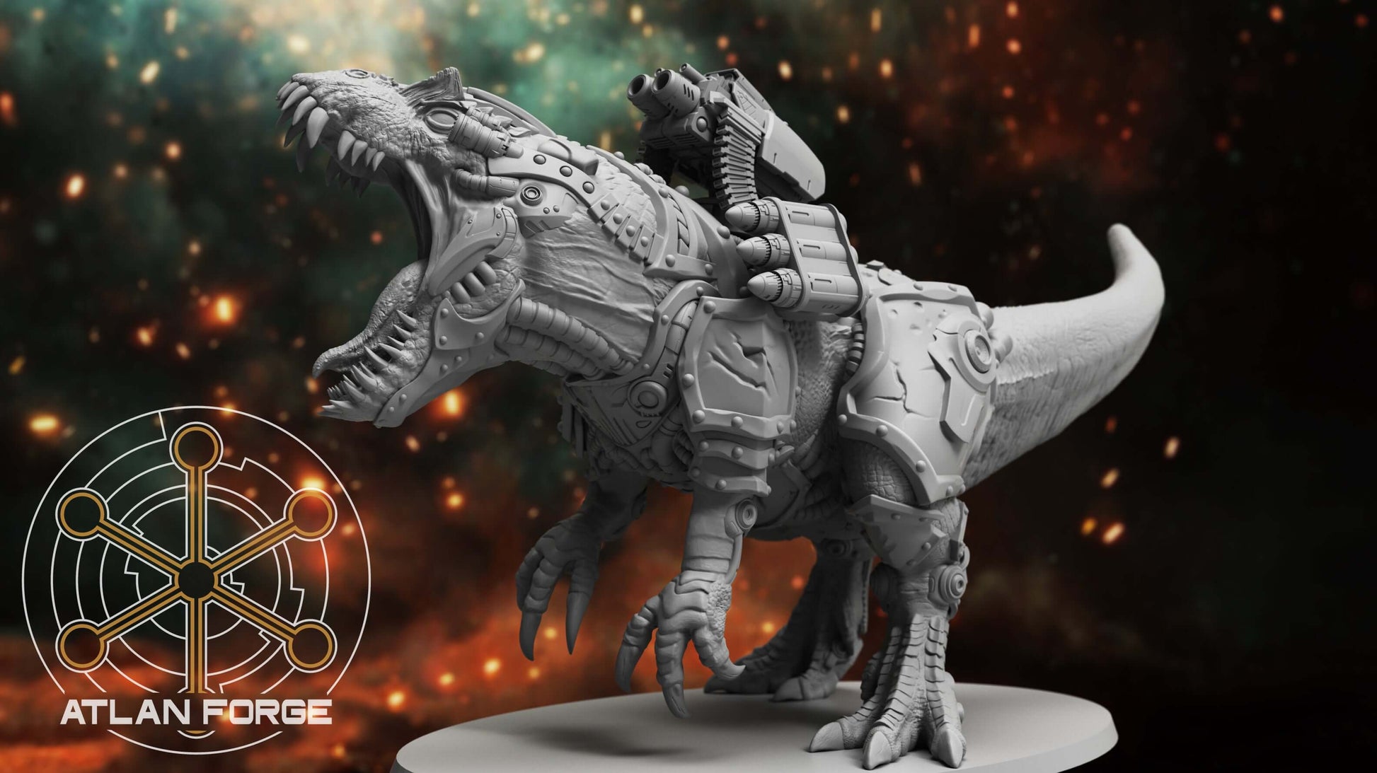 Cybernetic Allosaur armoured dinosaur mount resin miniature with rider, modular weapons and magnet-ready weapon hardpoints