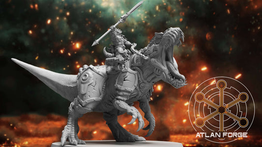 Cybernetic Allosaur armoured dinosaur mount resin miniature with rider, modular weapons and magnet-ready weapon hardpoints