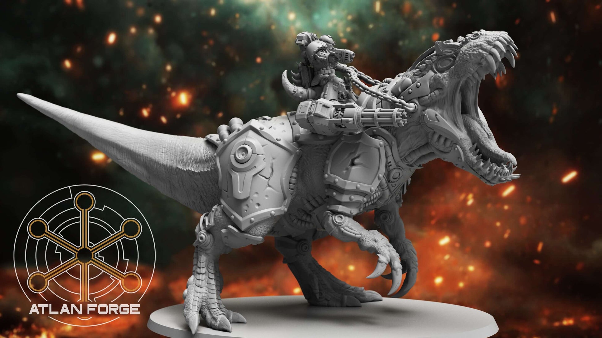 Cybernetic Allosaur armoured dinosaur mount resin miniature with rider, modular weapons and magnet-ready weapon hardpoints