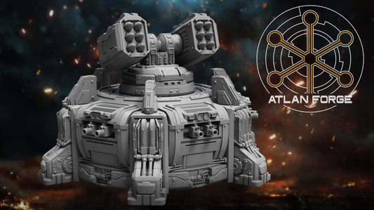 Assault Bastion automated defence emplacement resin terrain miniature with twin missile turret, magnet-ready side weapons and 130mm diameter hull