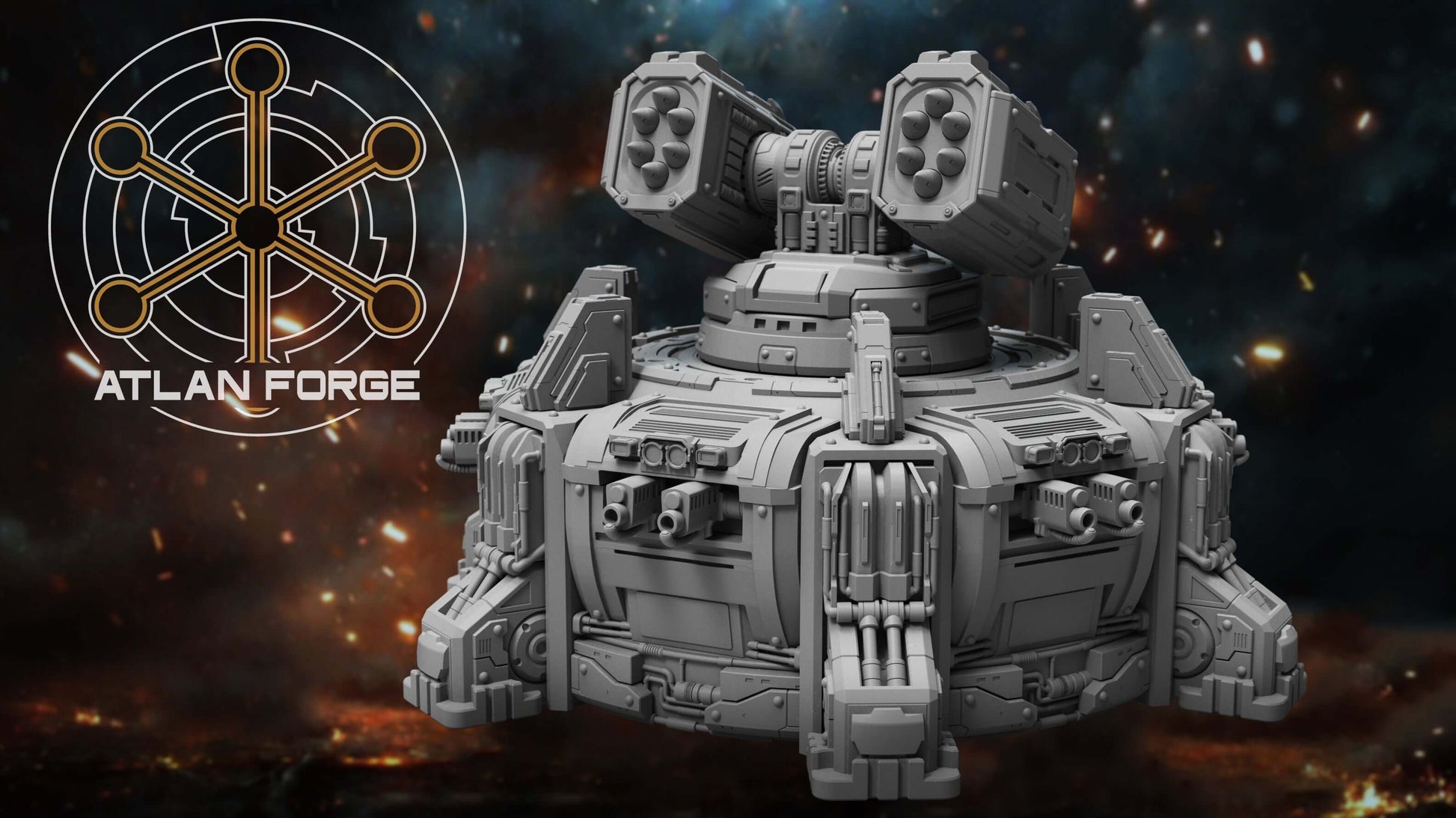 Assault Bastion automated defence emplacement resin terrain miniature with twin missile turret, magnet-ready side weapons and 130mm diameter hull