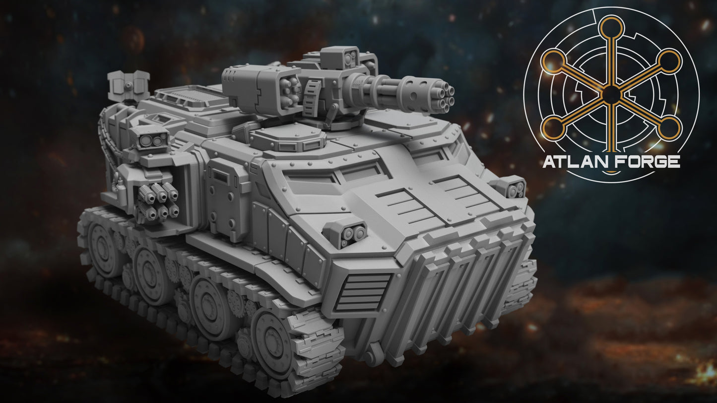 Vanguard Assault Carrier sci-fi armoured transport resin miniature, wheeled and tracked variants with rotary turret, AtlanForge