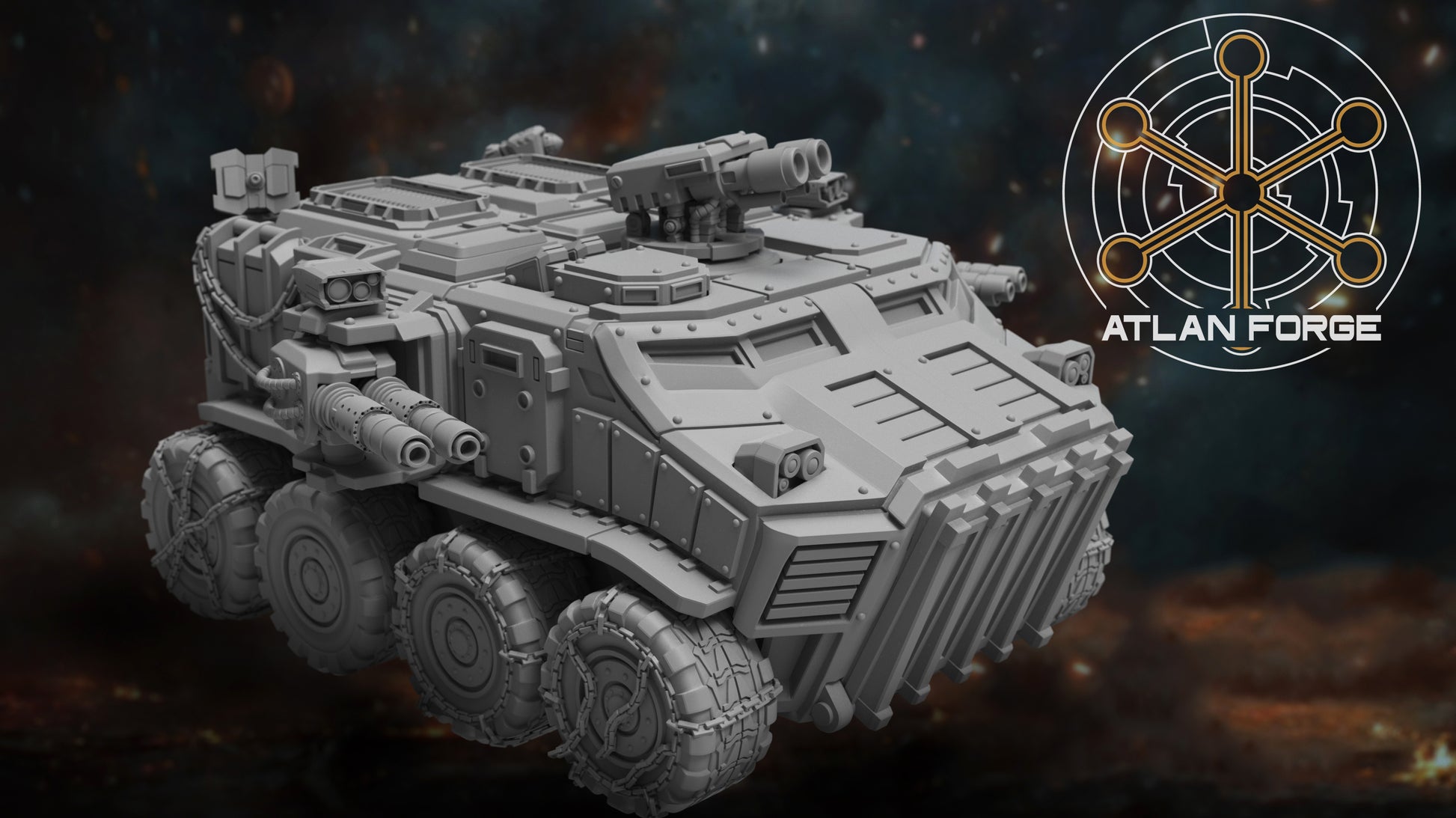 Vanguard Assault Carrier sci-fi armoured transport resin miniature, wheeled and tracked variants with rotary turret, AtlanForge