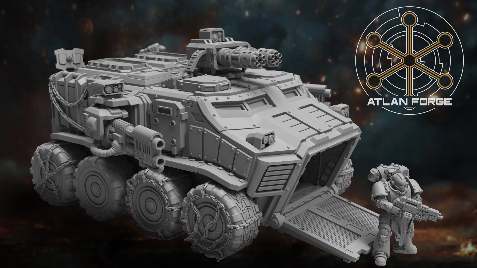 Vanguard Assault Carrier sci-fi armoured transport resin miniature, wheeled and tracked variants with rotary turret, AtlanForge