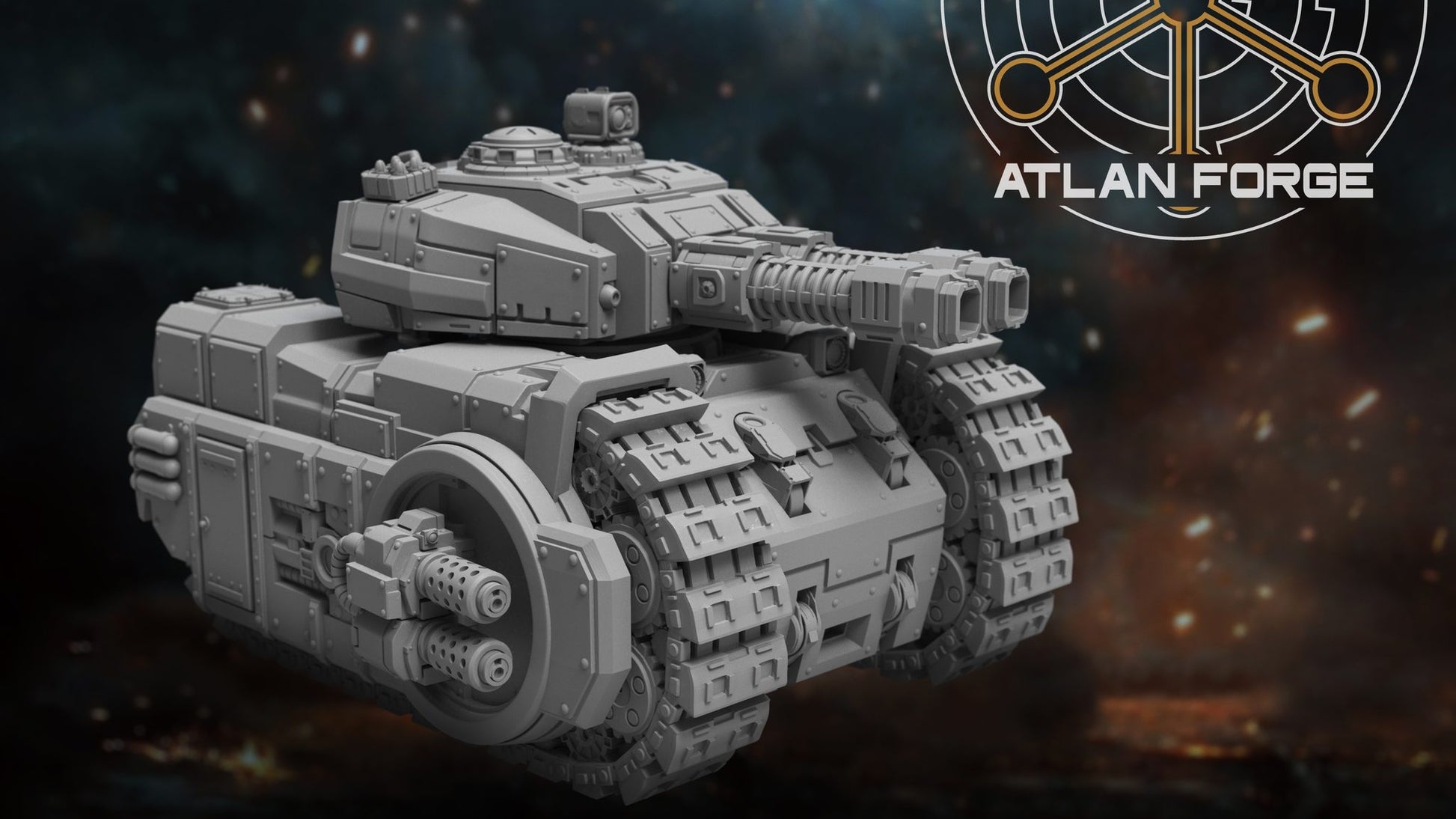Windwarden Battle Tank front three-quarter view showing turret cannon and heavy track assemblies, grey resin render