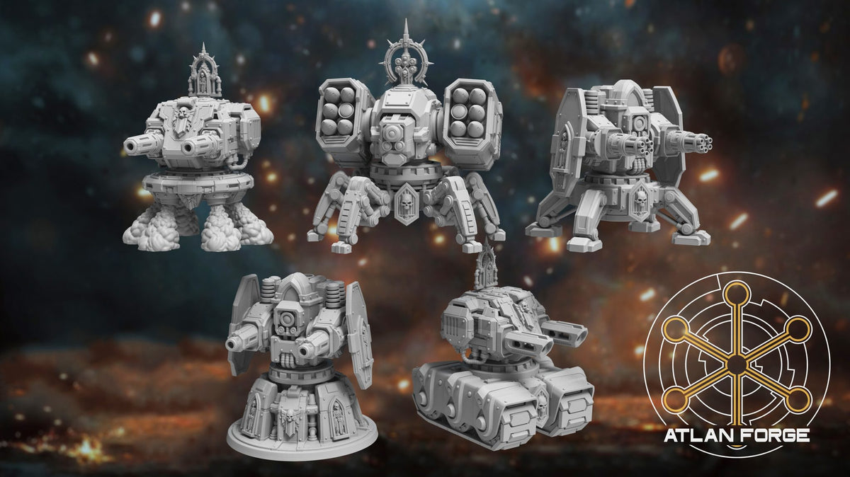 Rendered group shot of all five sentry gun variants on battlefield background, front three-quarter angle