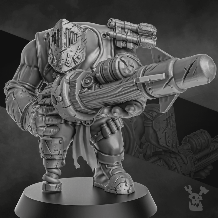 MedBoy sci-fi wargaming miniature in grey resin, 32mm scale, holding a large futuristic weapon.