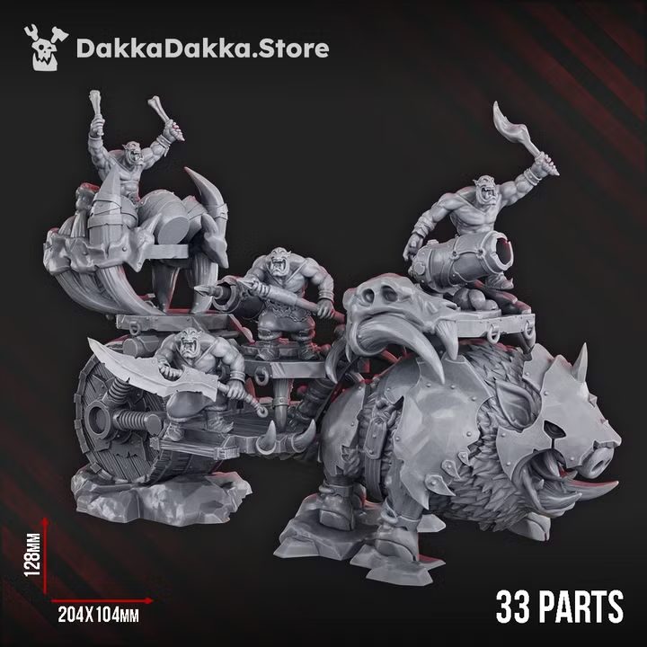 Big Porkaz Carta greenskin chariot miniature front view, war-boar pulling crew platform, 204x104x128mm grey resin