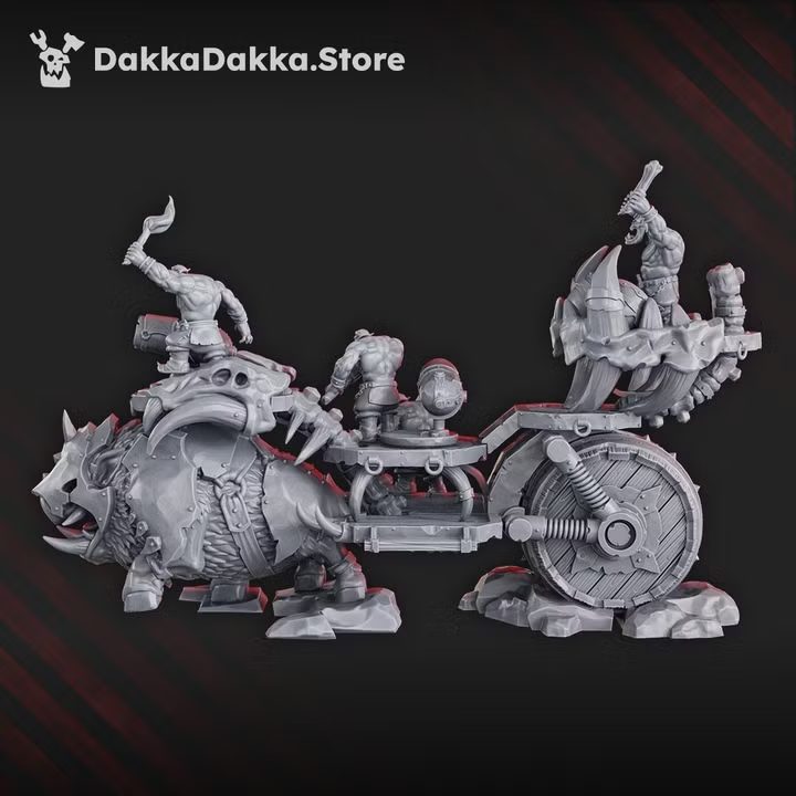 Side profile of chariot showing boar mount and crew figures from the opposite angle