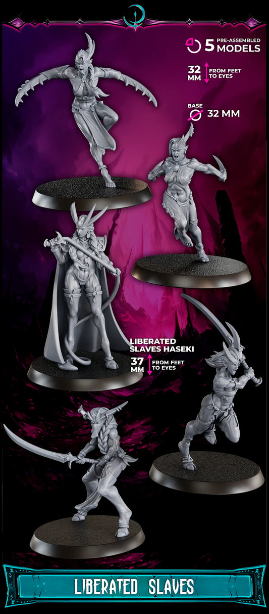 Five 32/37 mm Sci-Fi female miniatures from DakkaDakka, representing the Liberated Slaves Squad with unique weapons.