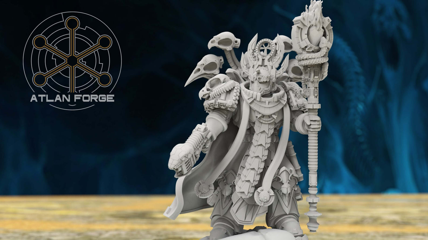 Aegyptian Ahyet Bahl, Archmage of Aegyptus - sorcerer miniature with servo-skulls, arcane tome, and serpent staff