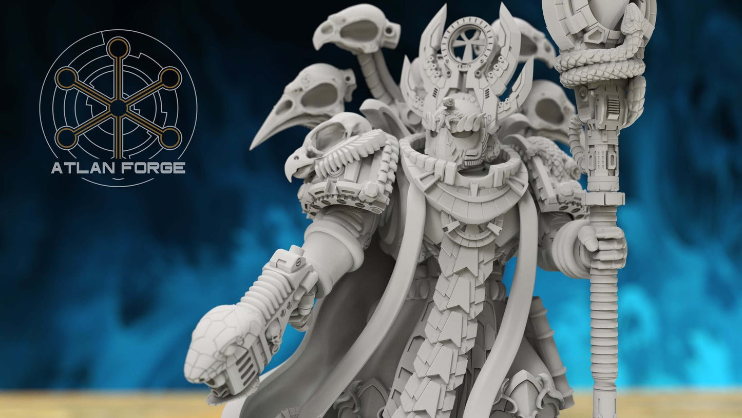 Aegyptian Ahyet Bahl, Archmage of Aegyptus - sorcerer miniature with servo-skulls, arcane tome, and serpent staff