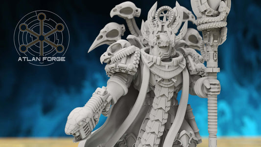 Aegyptian Ahyet Bahl, Archmage of Aegyptus - sorcerer miniature with servo-skulls, arcane tome, and serpent staff