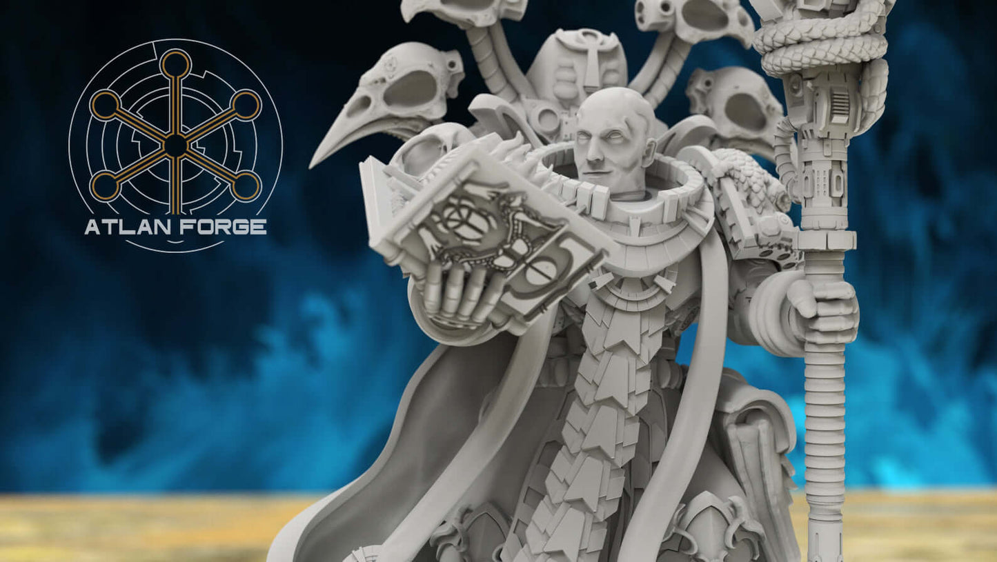 Aegyptian Ahyet Bahl, Archmage of Aegyptus - sorcerer miniature with servo-skulls, arcane tome, and serpent staff