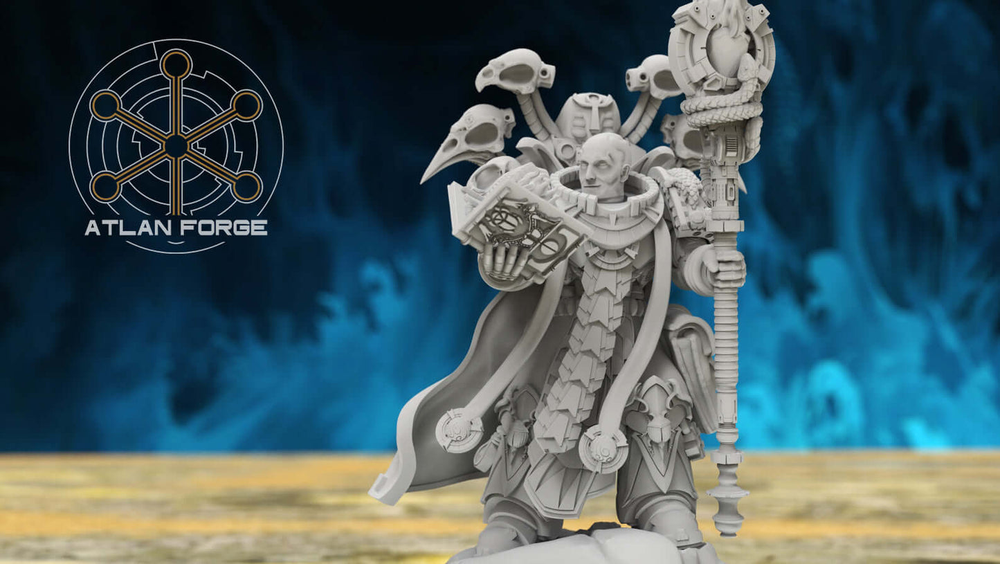 Aegyptian Ahyet Bahl, Archmage of Aegyptus - sorcerer miniature with servo-skulls, arcane tome, and serpent staff