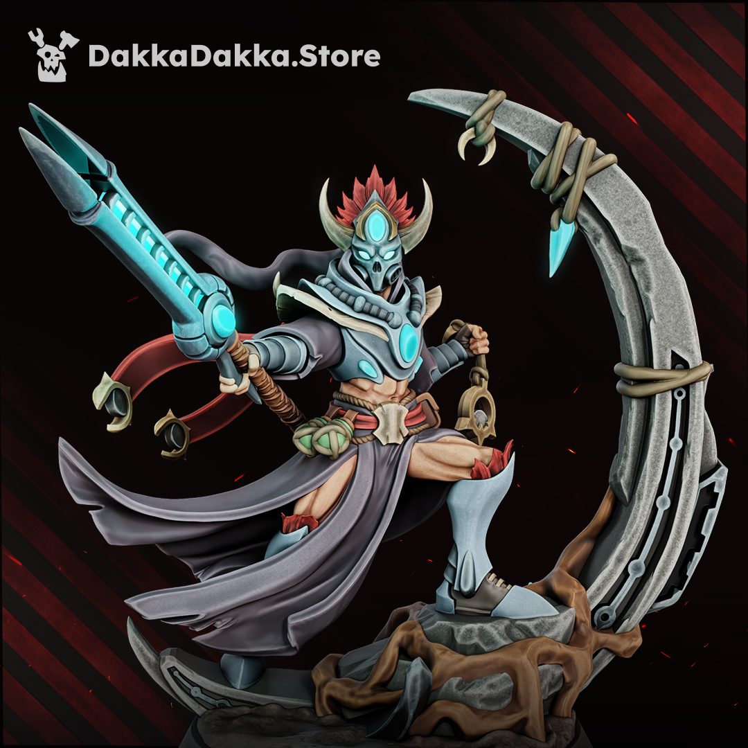 Front view of painted Anchorite Supay miniature showing teal lance glow and crescent arc backdrop