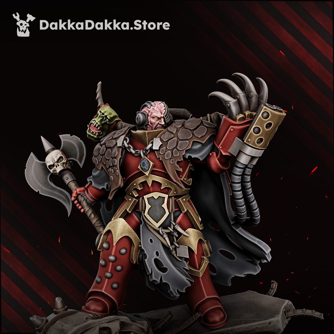 Painted front view of the Chaos Warlord miniature in crimson armour holding a trophy head and skull axe