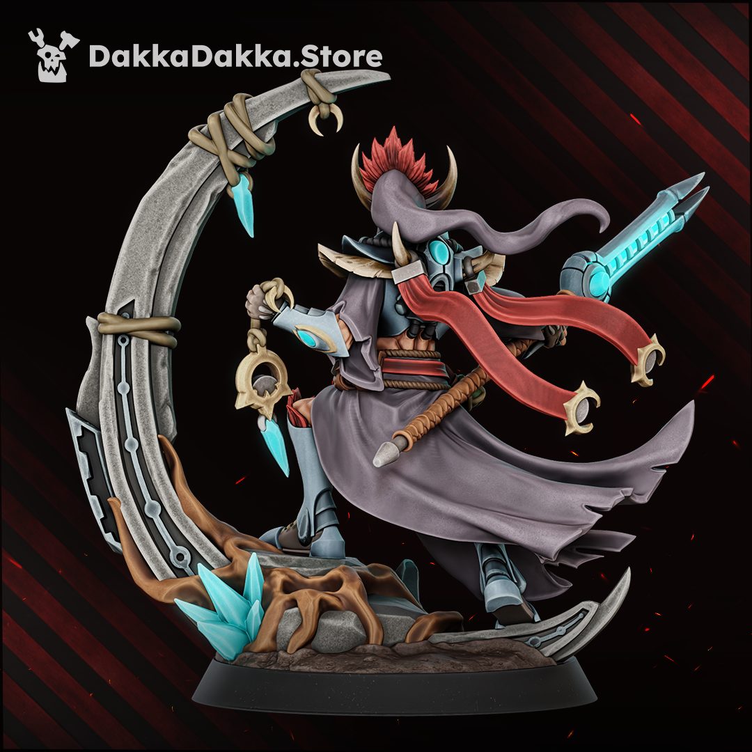 Side profile of painted miniature showing billowing robes, red scarf, and crescent arc detail