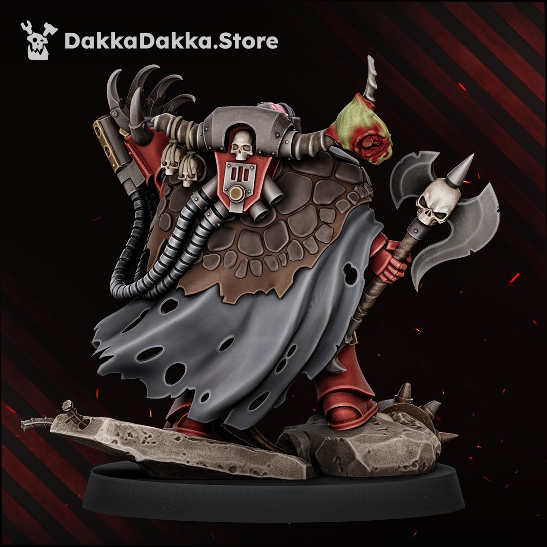 Painted rear view showing the tattered cloak, corroded exhaust tubes, and daemonic talon gauntlet