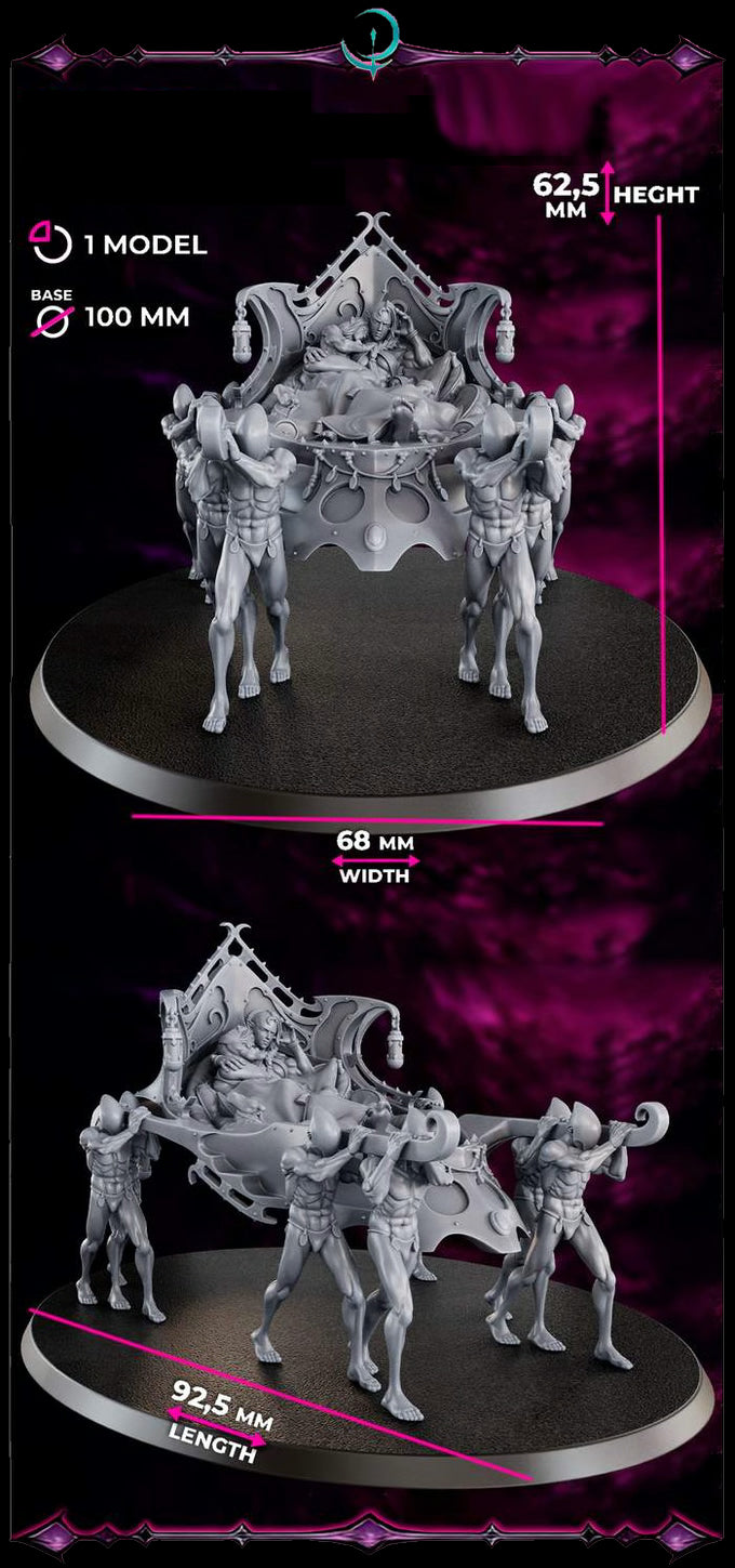 Blasphemous Procession 28mm miniature with regal figure on baroque palanquin and faceless thralls, perfect for dark fantasy gaming.