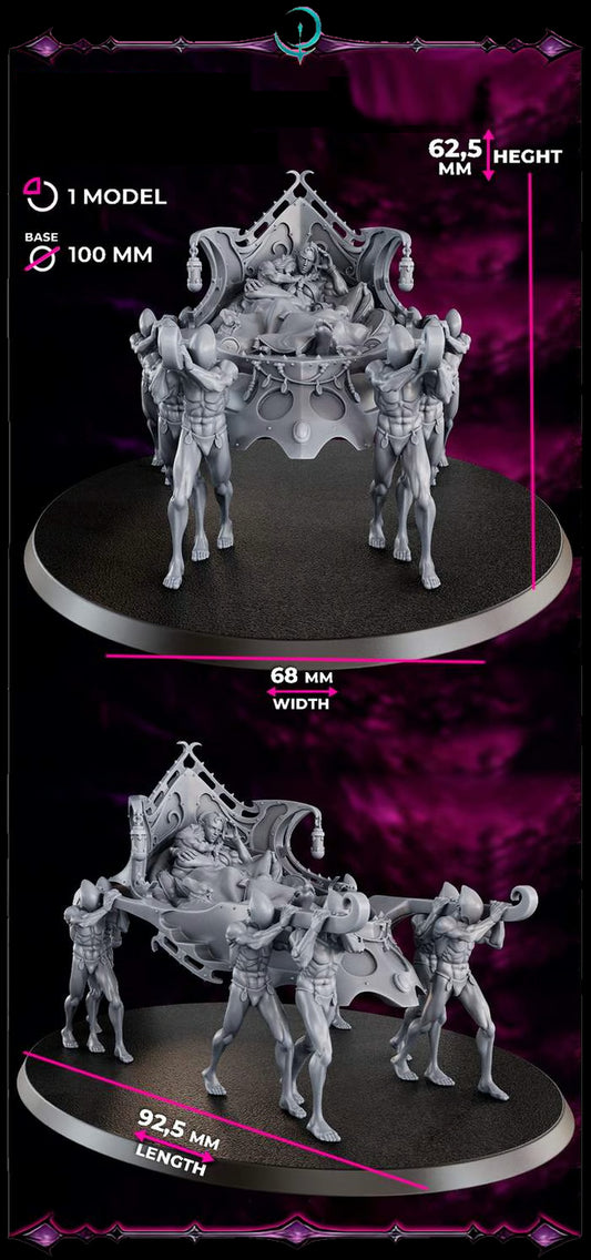 Blasphemous Procession 28mm miniature with regal figure on baroque palanquin and faceless thralls, perfect for dark fantasy gaming.