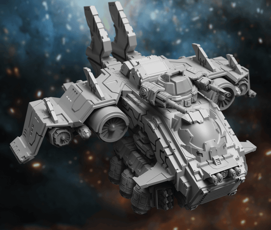 Thunderblaze Gunship sci-fi miniature for tabletop gaming, detailed design in grey resin with various weapon options.