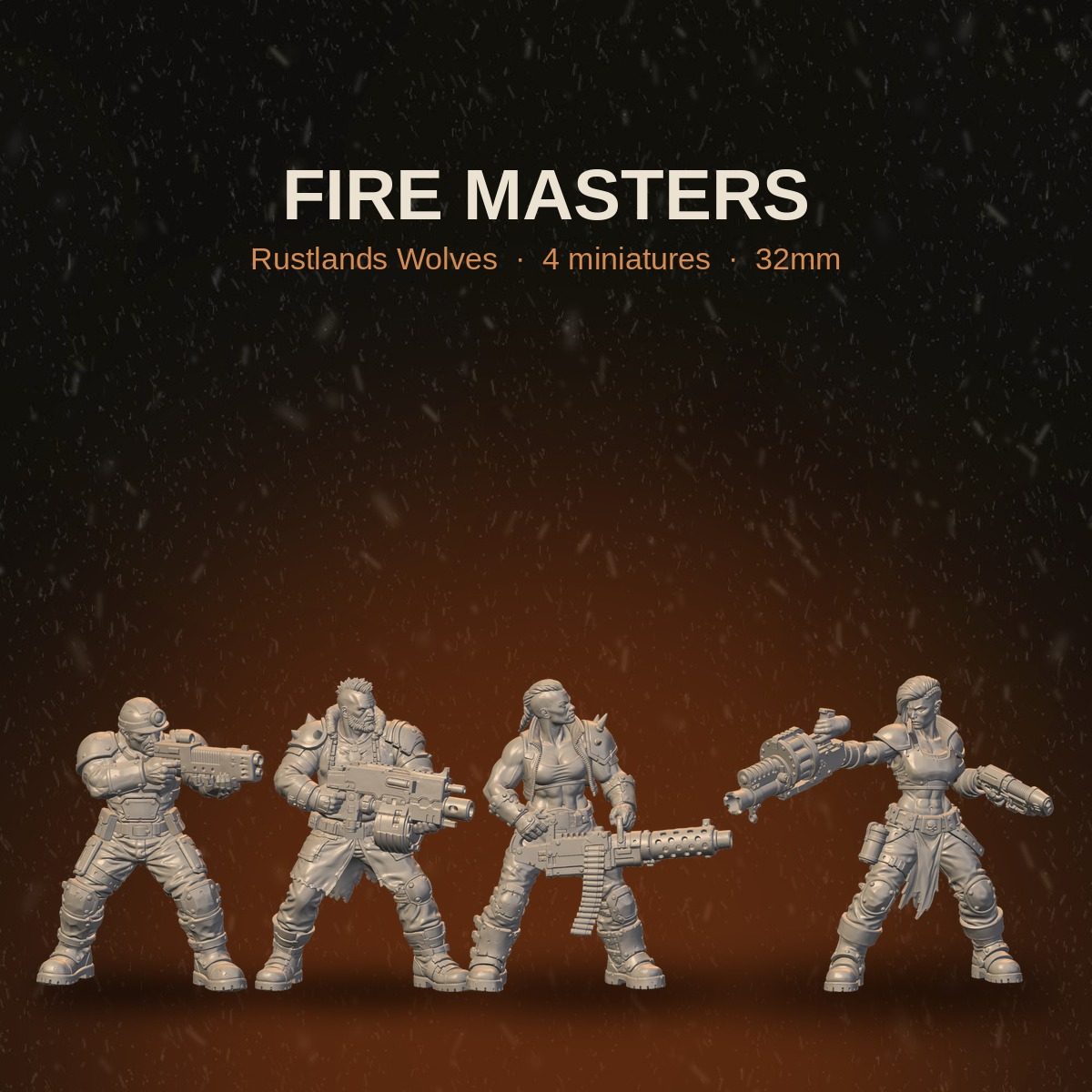 Rustland's Wolves Fire Masters, Fire Masters squad of four Rustlands Wolves heavy weapon miniatures, 32mm resin, group render front view