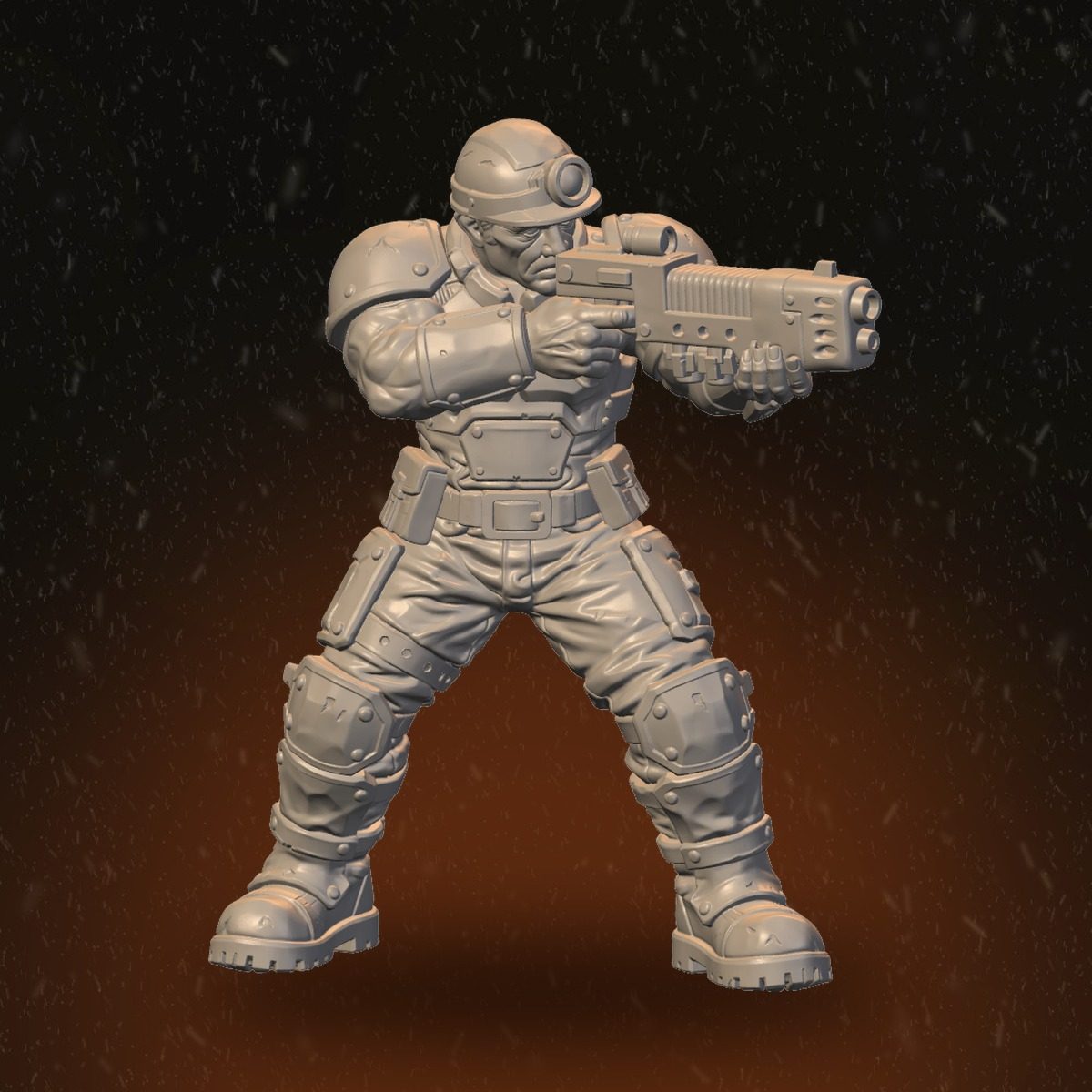 Helmeted Fire Masters gunner miniature, front view, aiming carbine with both hands in wide stance