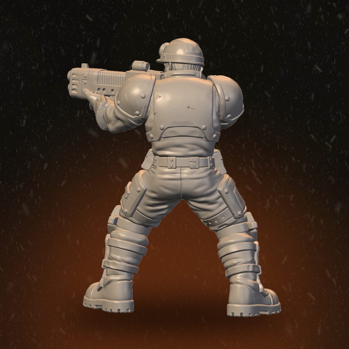 Helmeted Fire Masters gunner miniature, rear view showing armour plate detail and shoulder pads