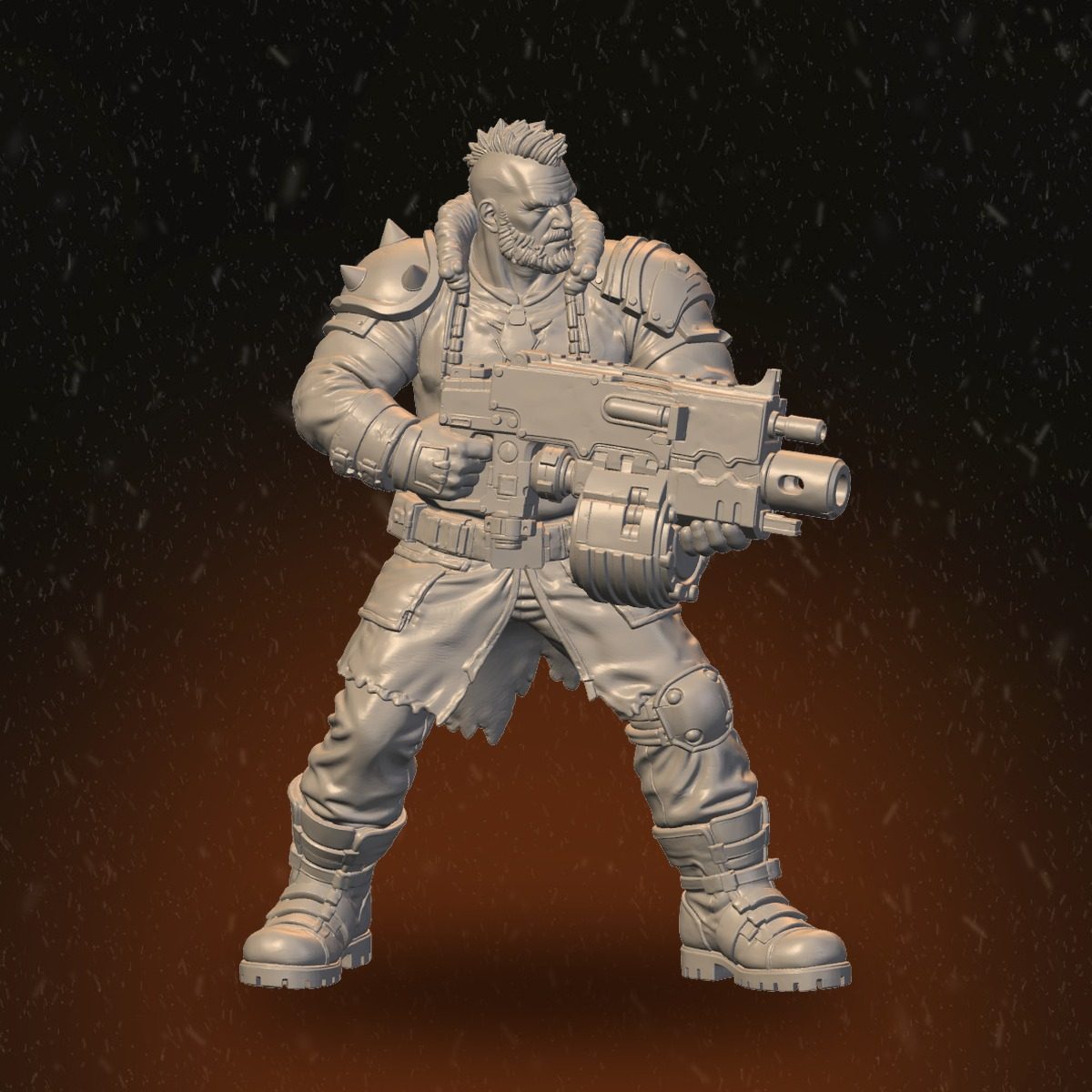 Bearded bruiser Fire Masters miniature, front view, holding chunky assault weapon at hip level