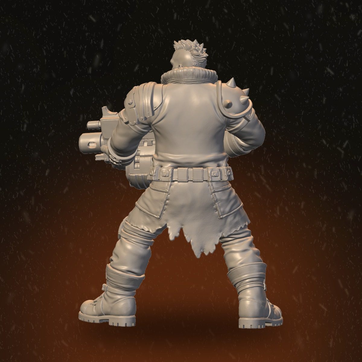 Bearded bruiser Fire Masters miniature, rear view showing tattered coat and spiked shoulder pad