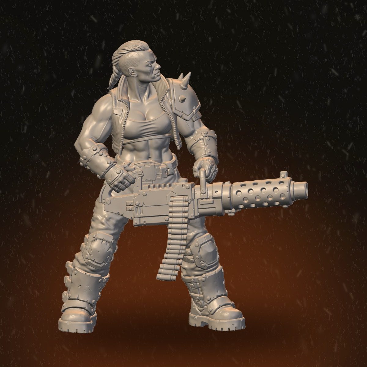 Bare-armed female Fire Masters fighter, front view, bracing belt-fed heavy weapon and scanning upward
