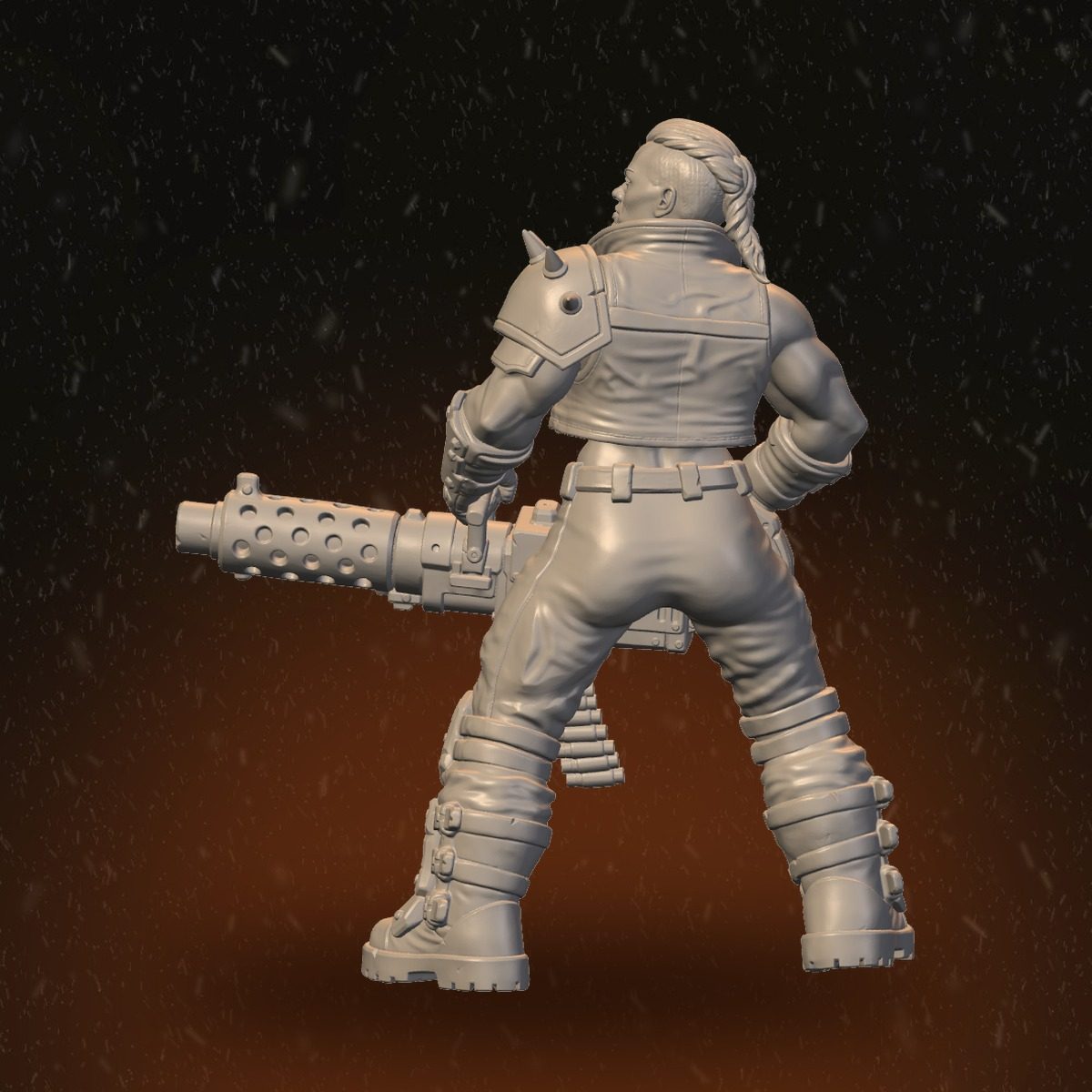 Bare-armed female Fire Masters fighter, rear view showing braided hair and weapon barrel detail