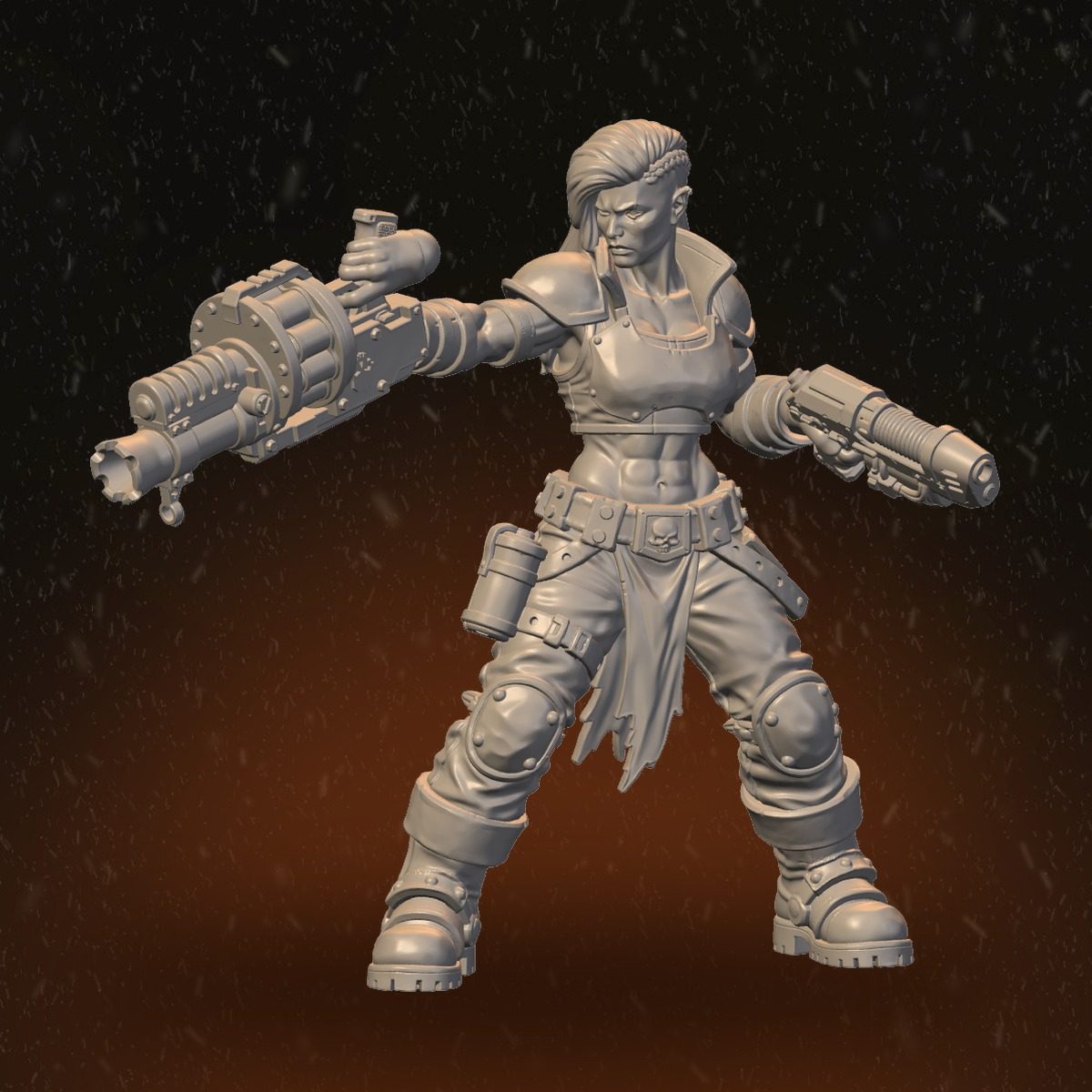 Dual-wielding female Fire Masters miniature, front view, arms extended with grenade launcher and plasma pistol