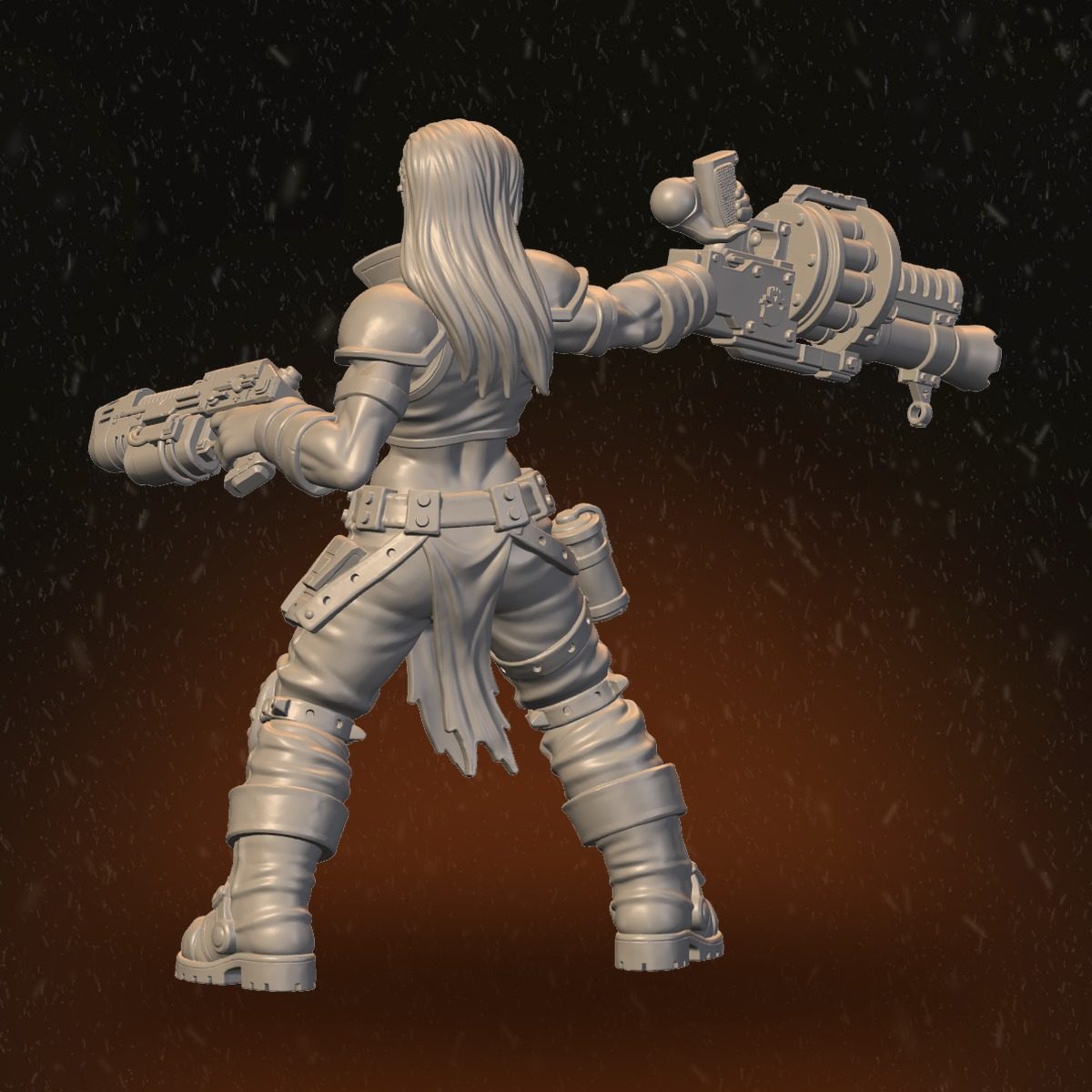 Dual-wielding female Fire Masters miniature, rear view showing long hair and weapon arm detail