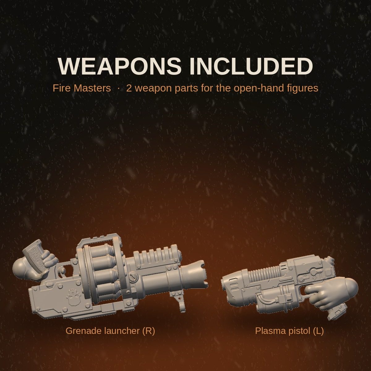 Weapons included with Fire Masters: grenade launcher right-hand arm and plasma pistol left-hand arm