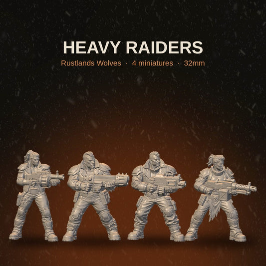 Rustland's Wolves Heavy Raiders, all four 32mm resin miniatures shown together, front view group shot