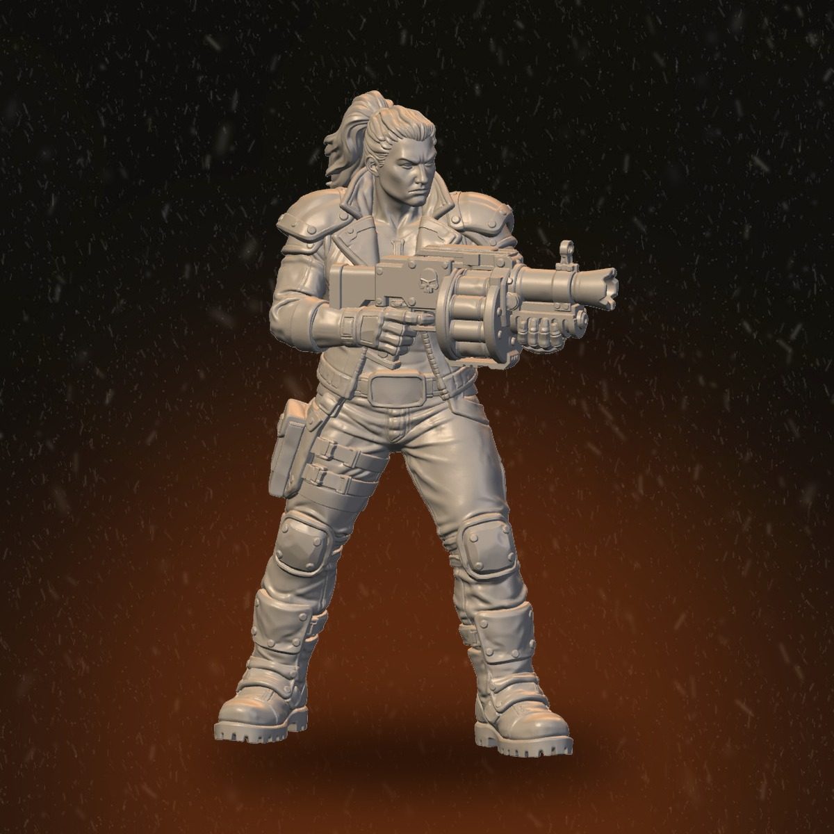 Female Heavy Raider with long hair and skull-stamped automatic, front view, 32mm resin miniature