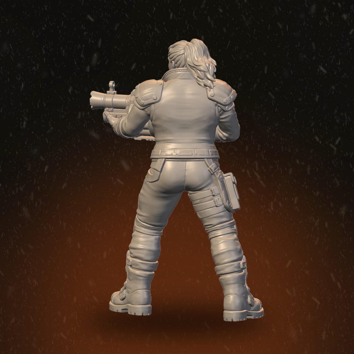 Female Heavy Raider with long hair, rear view showing armour detail, hair braid, and belt pouches