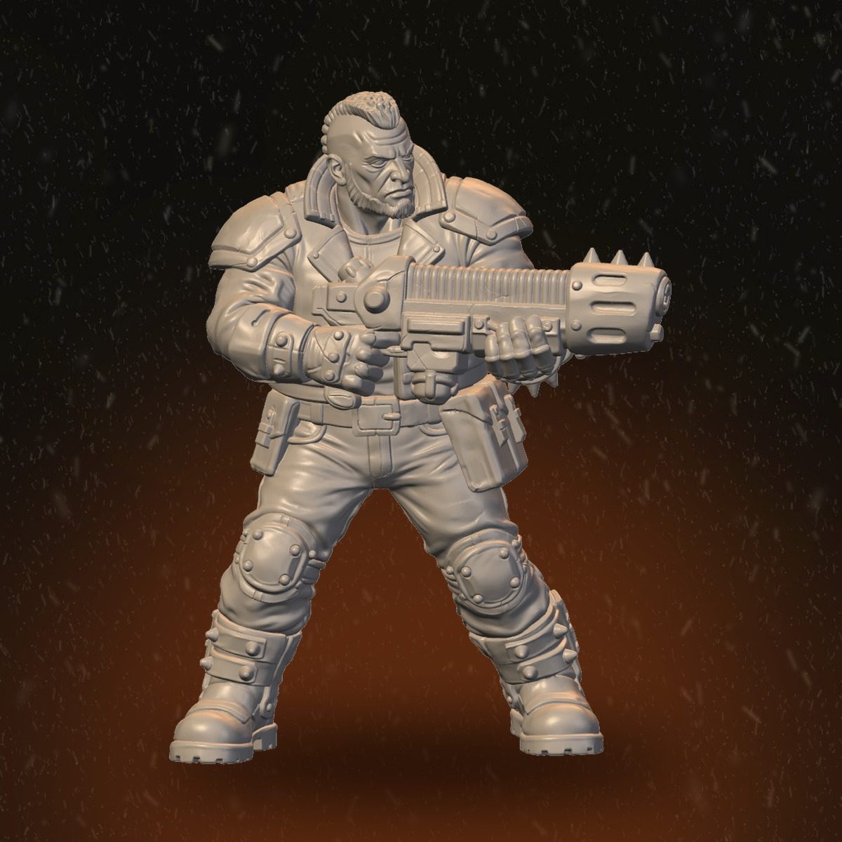 Heavily built male Heavy Raider with spiked cannon muzzle and short cropped hair, front view