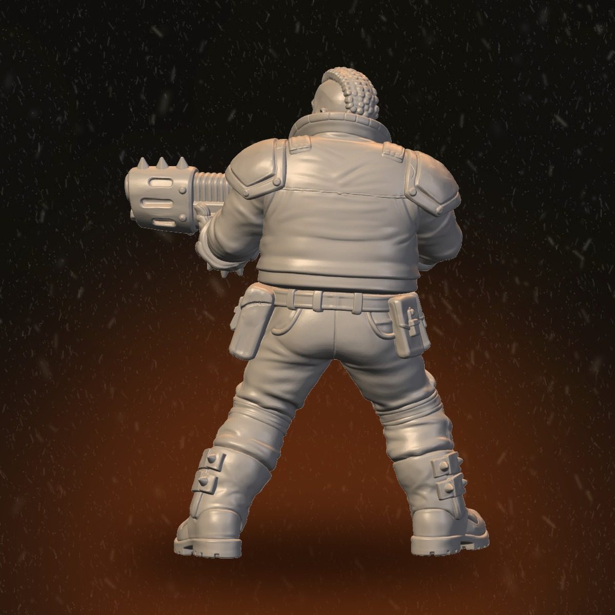 Heavily built male Heavy Raider with spiked cannon, rear view showing broad back and armour panels